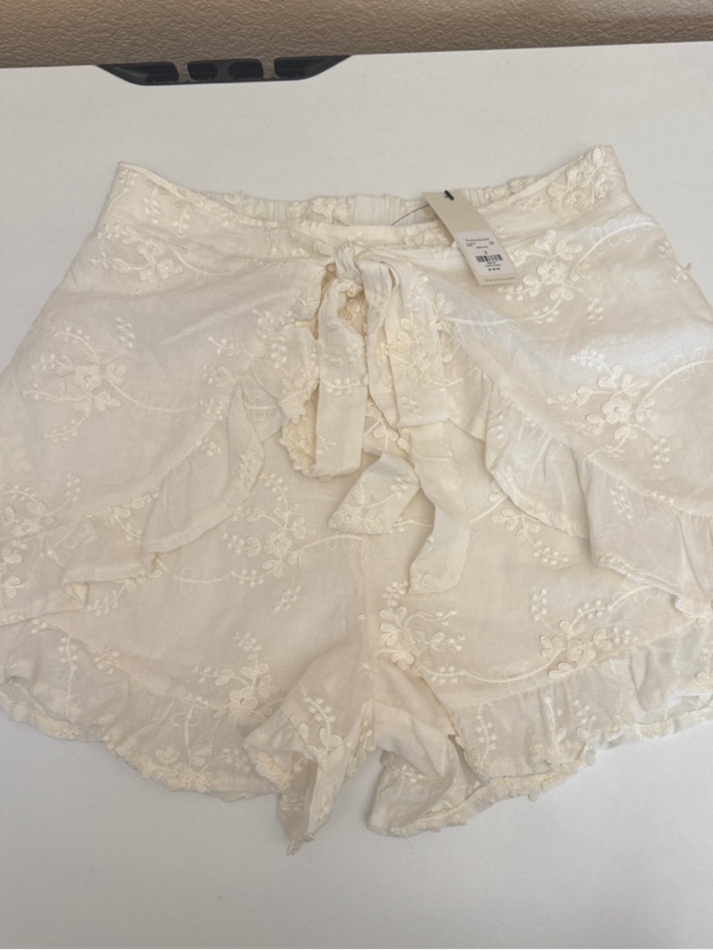 Blue Rain Cream Embroidered Ruffle Tie-Waist Women’s Shorts by Francesca’s
